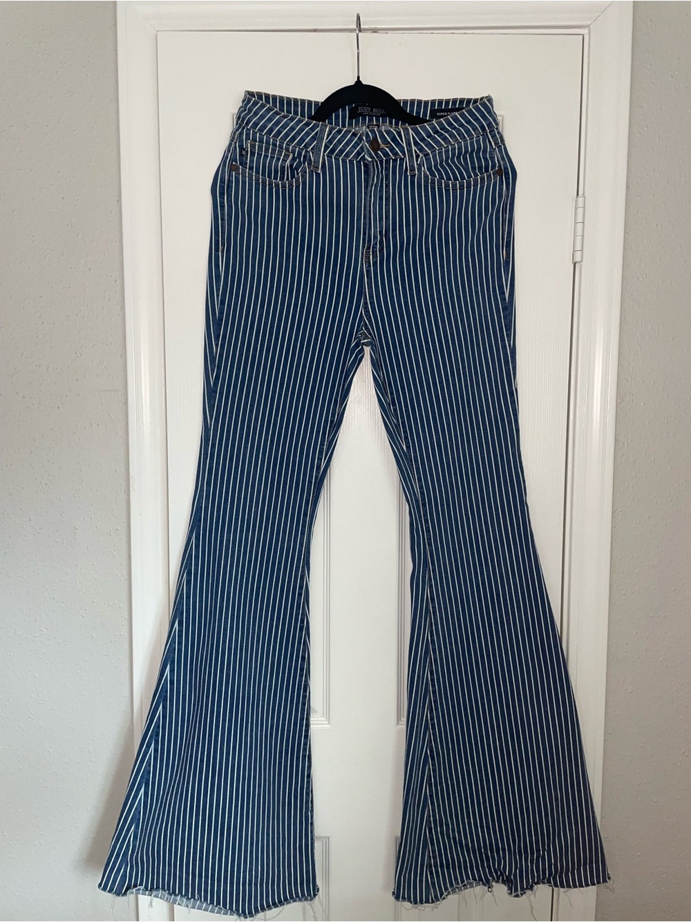 Judy Blue Navy Blue with White Pinstripe Flare Jeans